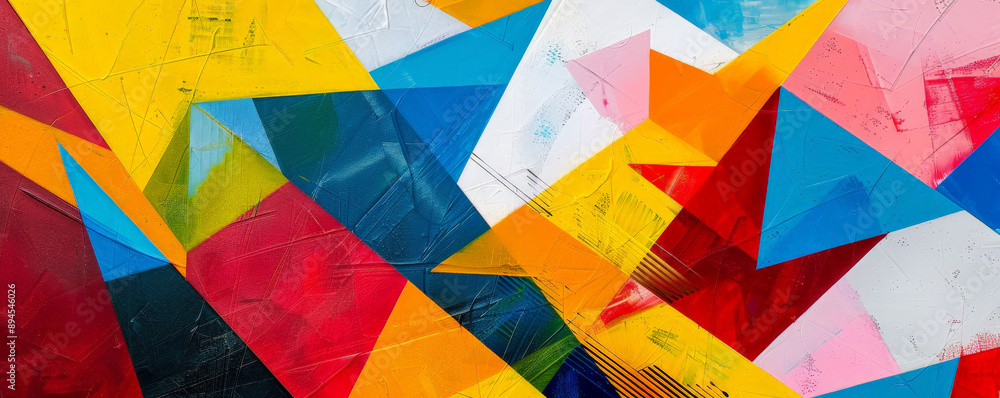 Fototapeta premium A contemporary abstract painting featuring vibrant geometric lines and shapes. Bold triangles and rectangles in shades of red, blue, yellow, and green overlap and intersect, creating a dynamic and