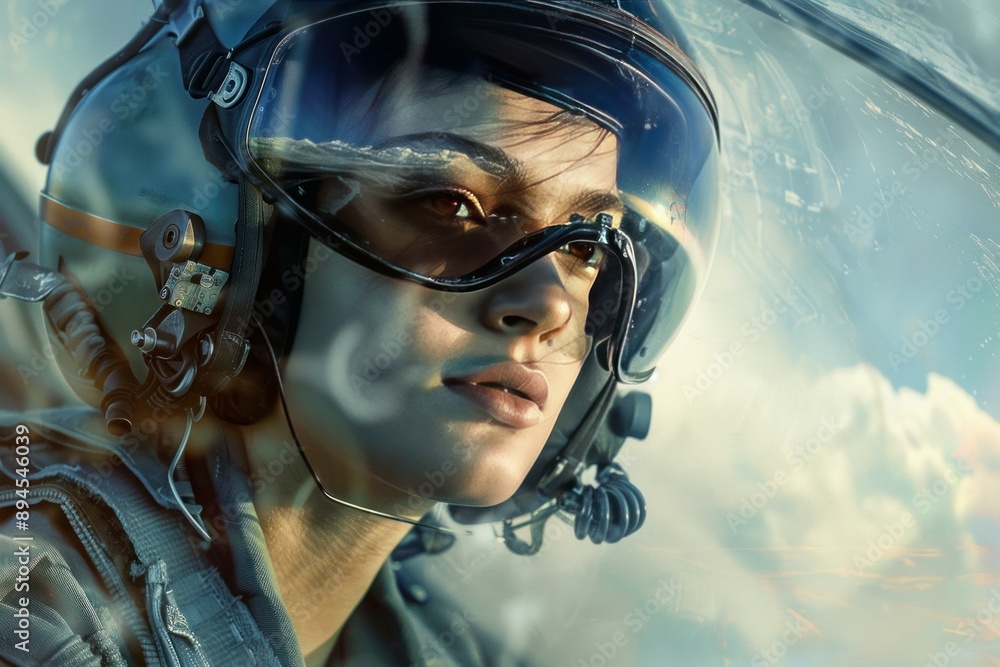 Closeup of a woman pilot wearing a helmet and goggles, with a focused expression against a sky backdrop Closeup of a woman pilot wearing a helmet and goggles, with a focused expression against a sky backdrop