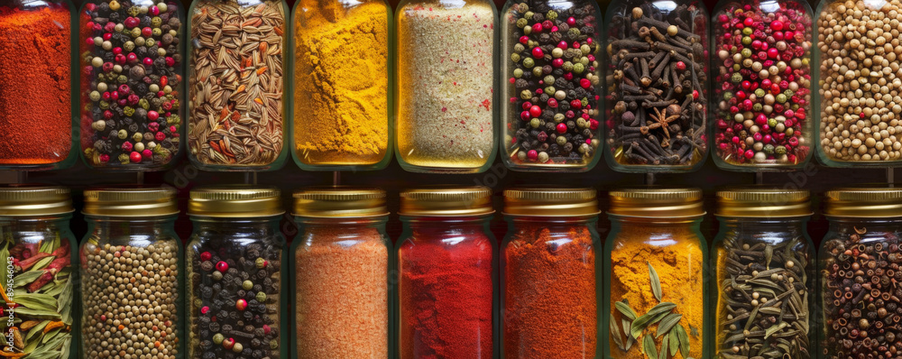 A vibrant spice rack filled with a variety of spices in glass jars. The neatly arranged jars, each with a colorful spice inside, create an organized and visually appealing display, perfect for a