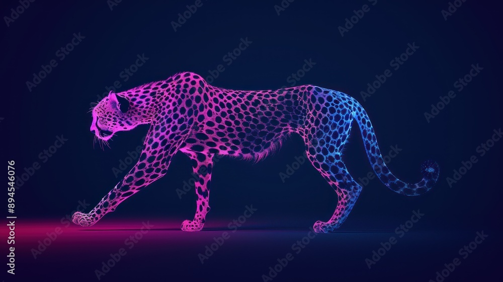 Fototapeta premium A glowing cheetah silhouette with a vibrant pink and blue spotted pattern walks across a dark background