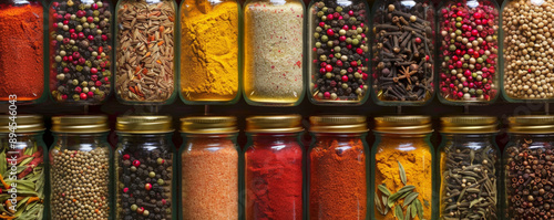 Obraz na płótnie A vibrant spice rack filled with a variety of spices in glass jars. The neatly arranged jars, each with a colorful spice inside, create an organized and visually appealing display, perfect for a w salonie