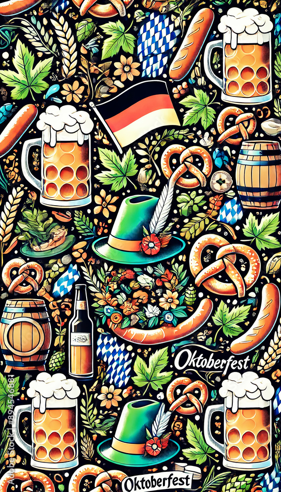 Obraz premium A detailed pattern showcasing Oktoberfest elements like beer mugs, sausages, pretzels, and the German flag. Great for festival-themed designs