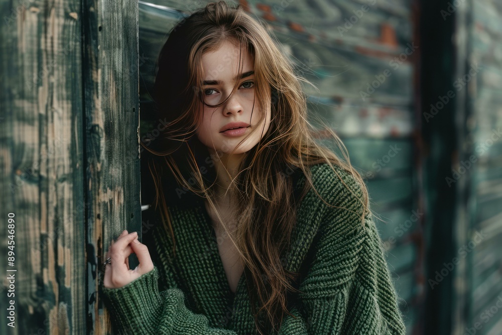 Fototapeta premium Young woman in a green sweater looks out intriguingly from behind rustic wooden slats