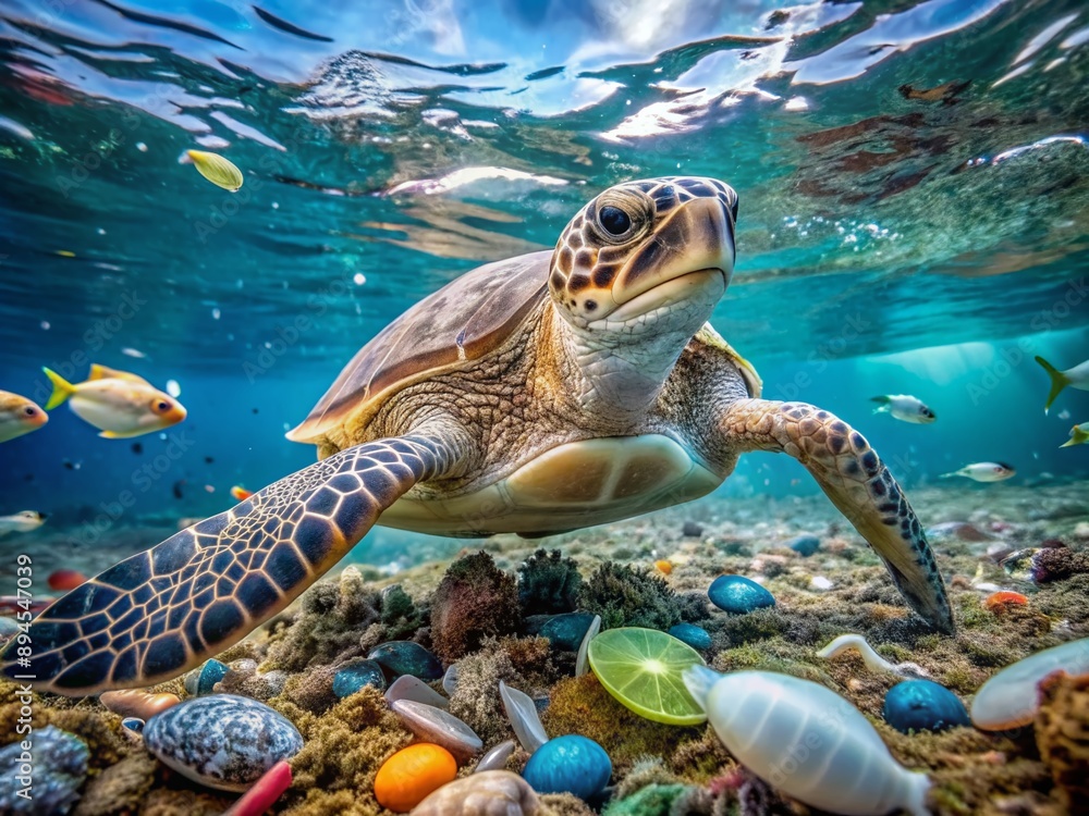 Fototapeta premium Sea turtle struggles to swim through a sea of plastic waste, surrounded by discarded bottles, highlighting the devastating impact of marine pollution on wildlife habitats.