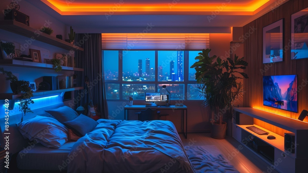 Bold and vibrant bedroom design with neon elements, making a statement in modern style Bold and vibrant bedroom design with neon elements, making a statement in modern style