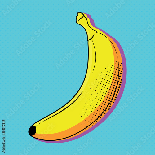 Bright pop art background with banana. Retro pop art illustration with banana fruit. Vector illustration
