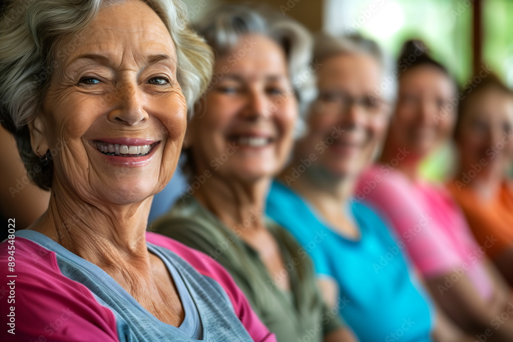 Smiling senior women sitting together in a line, enjoying each other's company in a cheerful environment Smiling senior women sitting together in a line, enjoying each other's company in a cheerful environment