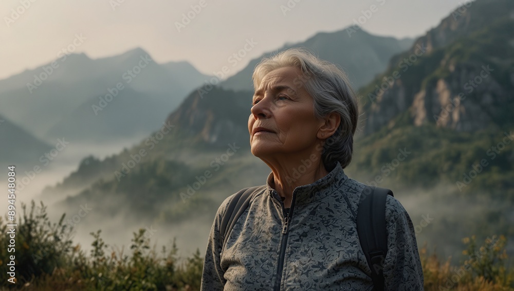 Senior woman doing breathing exercise in nature on early morning with fog and mountains in background Senior woman doing breathing exercise in nature on early morning with fog and mountains in background