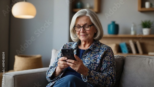 Relaxed mature old 60s woman, older middle aged female customer holding smartphone using mobile app, texting message, search ecommerce offers on cell phone technology device sitting on couch at home 