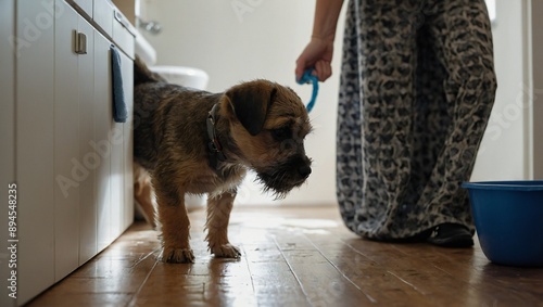 genrative ai A small brown dog sits on a wooden floor near the door of a house with copy space, a playful puppy greets its owner
