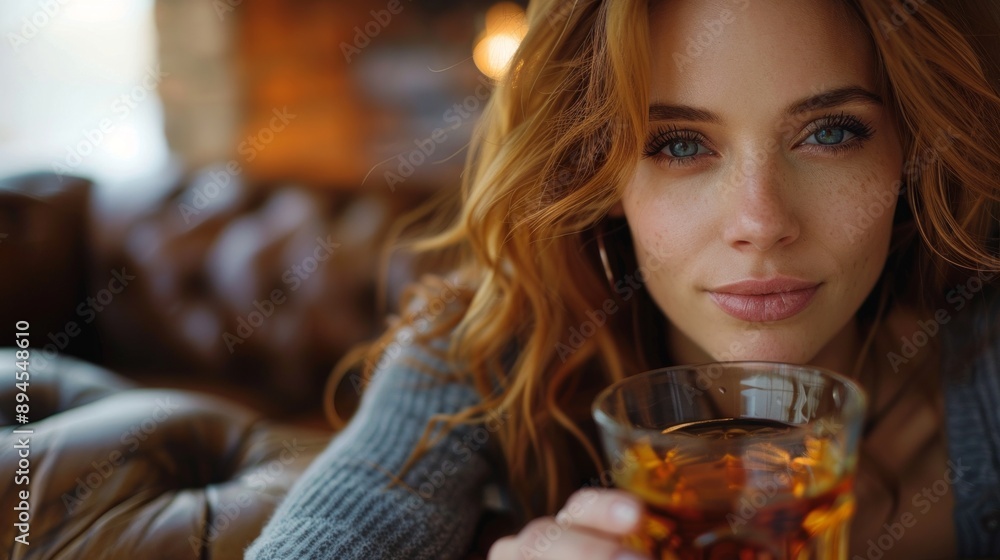 Young woman with red hair and blue eyes lies on a sofa, holding a full glass of tea. Background features a window and yellow lamp, creating a cozy vibe. Young woman with red hair and blue eyes lies on a sofa, holding a full glass of tea. Background features a window and yellow lamp, creating a cozy vibe.