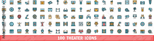 100 theater icons set. Color line set of theater vector icons thin line color flat on white