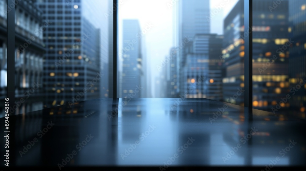 A blurry view of a cityscape through an office window. A blurry view of a cityscape through an office window.