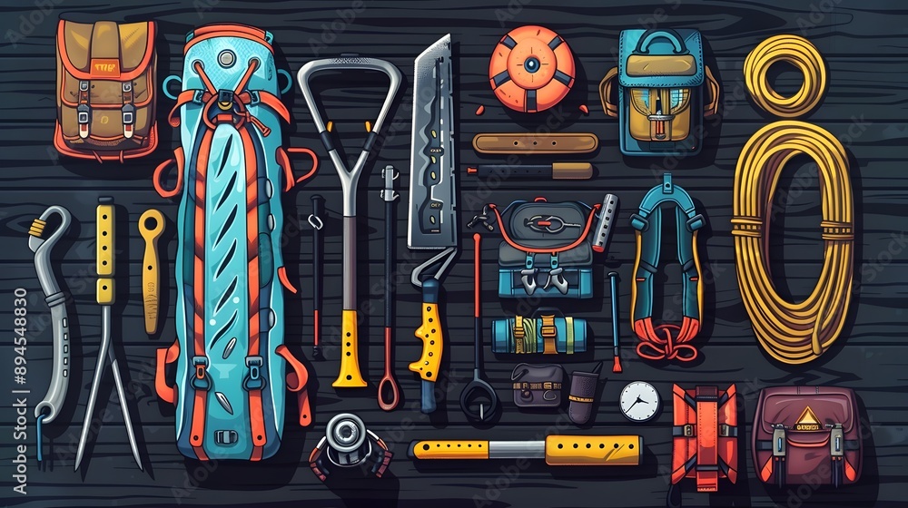 Obraz premium rock climbing and travel equipment on dark wooden background. 