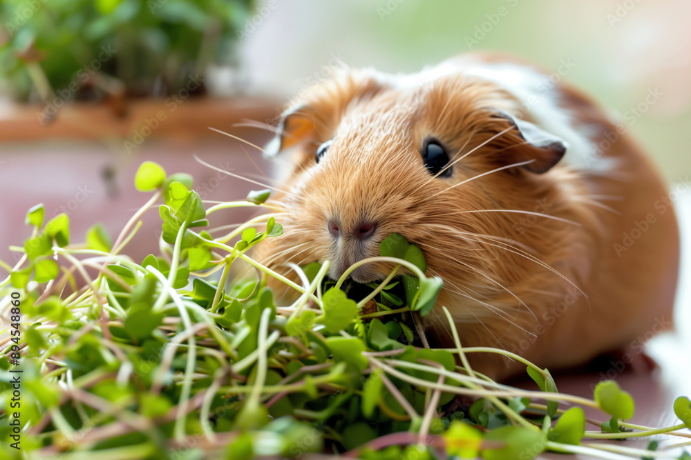 Guinea pig eating fresh greens on a wooden surface in a bright room Guinea pig eating fresh greens on a wooden surface in a bright room
