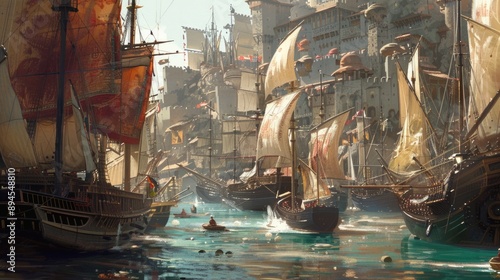 A vibrant historical port city comes to life, with colorful sailing ships, bustling activity, and medieval architecture adding to the lively scene.