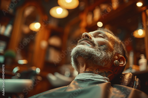 Elderly man enjoying a relaxing grooming session in a vintage barbershop. The Male Consumer conception. Card, poster, banner with copy space