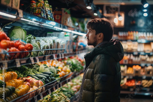 Man shopping for fresh produce in a grocery store, wearing a green puffer jacket. Modern masculinity. Announcement poster or banner