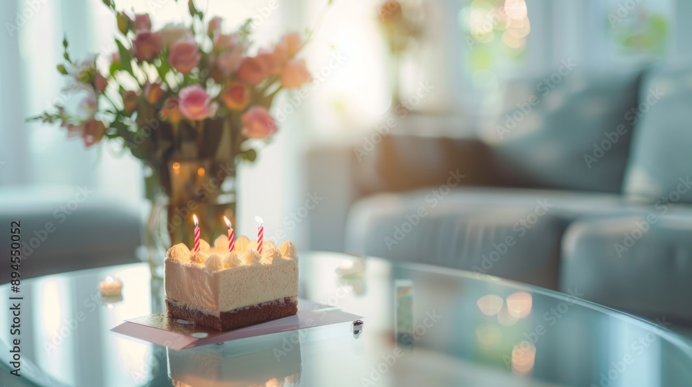 A birthday cake with candles sits on a glass table in a room, ready for a celebration. Flowers in a vase are out of focus in the background. A birthday cake with candles sits on a glass table in a room, ready for a celebration. Flowers in a vase are out of focus in the background.