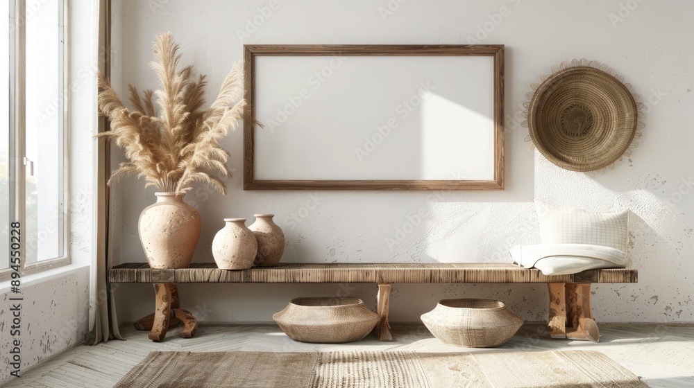 Obraz premium Boho living room with wooden frame mockup, vases, and dry grass on a bench table.