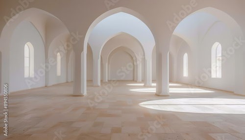 Bright  spacious interior showcasing elegant arches  soft light  and minimalist design for peaceful reflection and creativity.