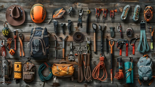 rock climbing and travel equipment on dark wooden background. 