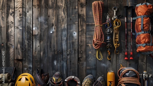 rock climbing and travel equipment on dark wooden background. 
