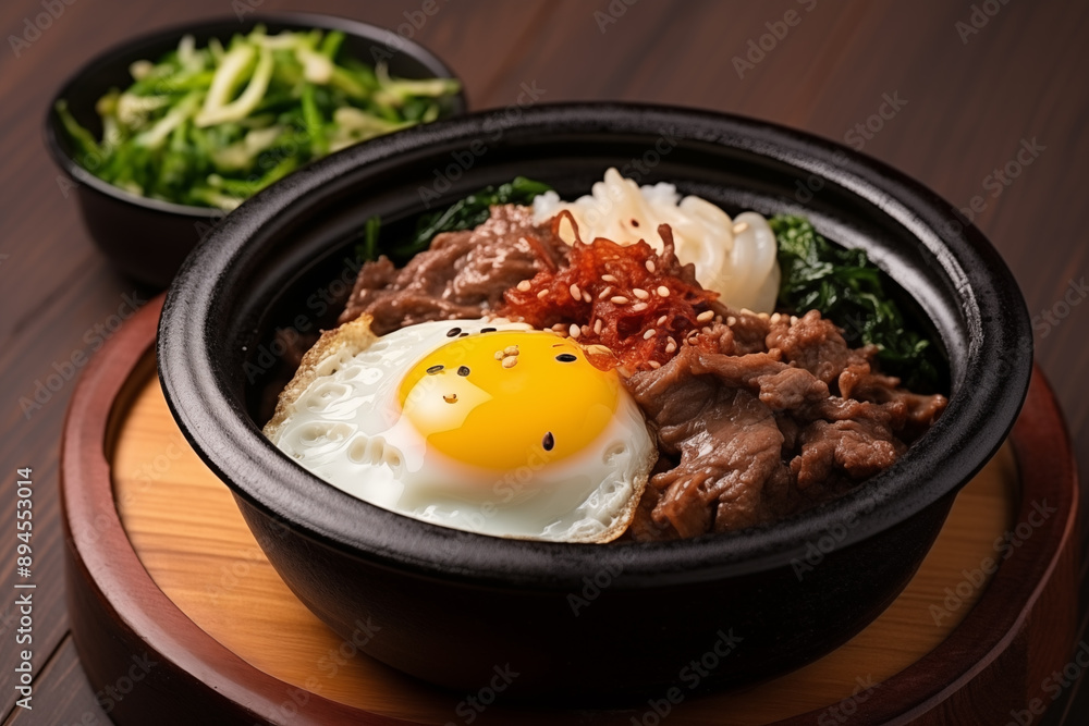 Gyudon korean fried egg and beef with rice in black bowl on wooden table Gyudon korean fried egg and beef with rice in black bowl on wooden table
