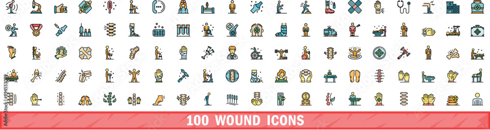 Fototapeta premium 100 wound icons set. Color line set of wound vector icons thin line color flat on white