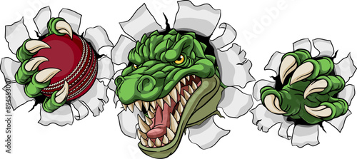 A crocodile, dinosaur or alligator lizard sports mascot holding a cricket ball
