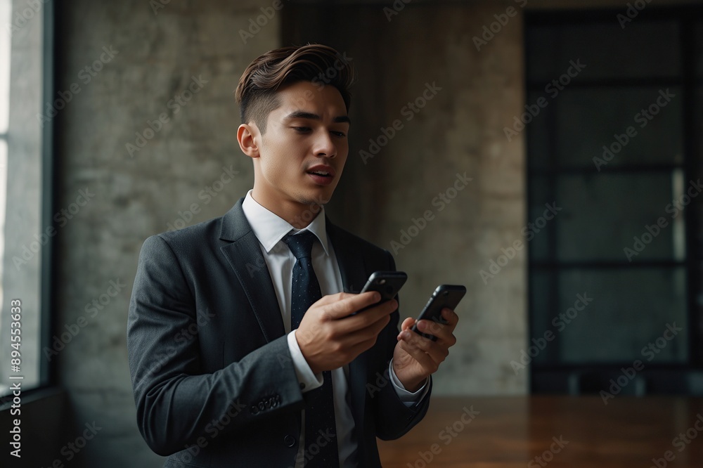 Young business man sending a vocal message with his smartphone Young business man sending a vocal message with his smartphone