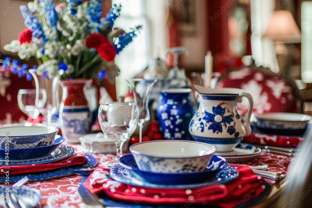 Fototapeta premium Luxurious table arrangement with blue and white porcelain dinnerware amid floral accents