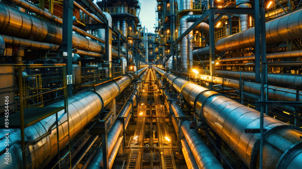 Wide-angle view of extensive pipelines at a refinery, illustrating industrial infrastructure and oil processing facilities. Wide-angle view of extensive pipelines at a refinery, illustrating industrial infrastructure and oil processing facilities.