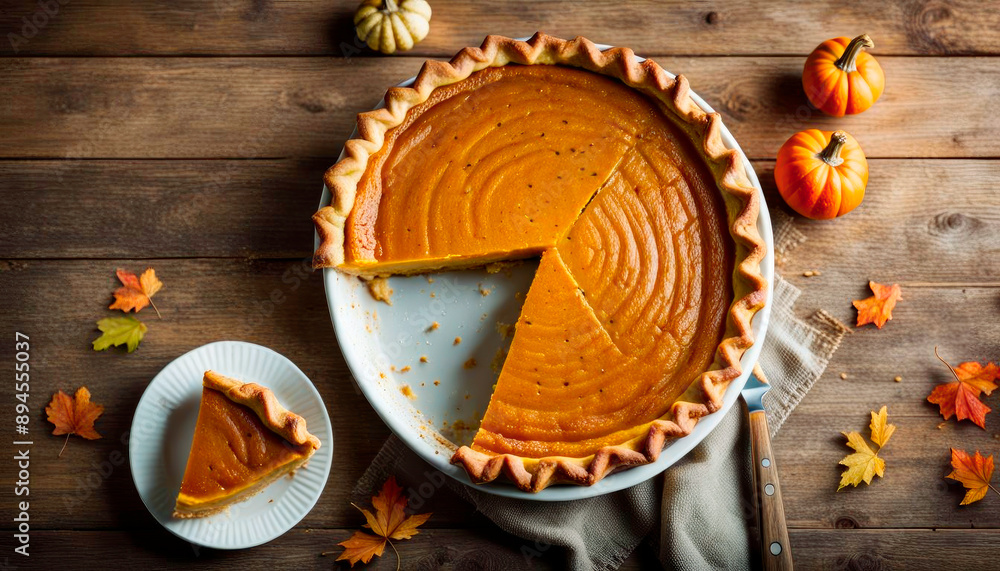 Whole homemade traditional American pumpkin pie on a wooden background Whole homemade traditional American pumpkin pie on a wooden background