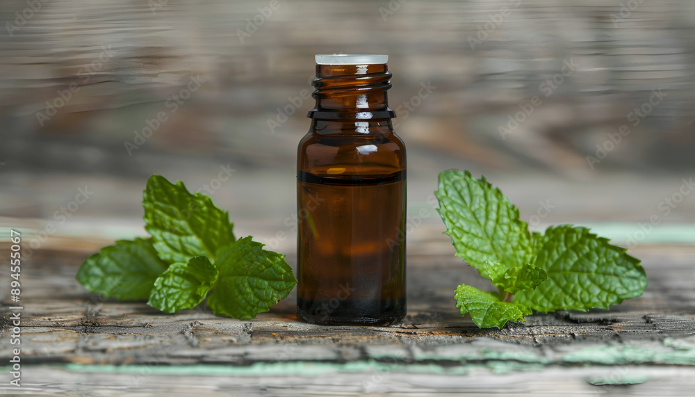 Essential oil of peppermint in a small brown bottle with fresh green mint, rustic style, vintage wooden background Essential oil of peppermint in a small brown bottle with fresh green mint, rustic style, vintage wooden background