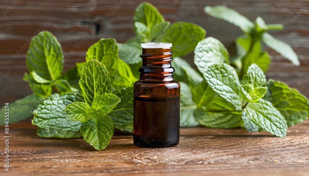 Essential oil of peppermint in a small brown bottle with fresh green mint, rustic style, vintage wooden background Essential oil of peppermint in a small brown bottle with fresh green mint, rustic style, vintage wooden background