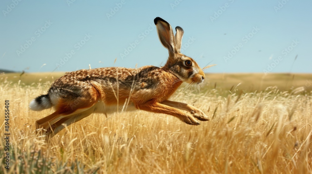European Hare Sprinting Across Tall Grass Field in Nature, Perfect for Wildlife Photography and Nature Conservation Projects European Hare Sprinting Across Tall Grass Field in Nature, Perfect for Wildlife Photography and Nature Conservation Projects