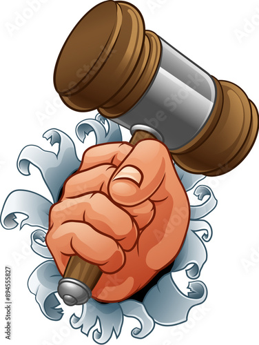 An auctioneer or judge hand holding a wooden hammer gavel