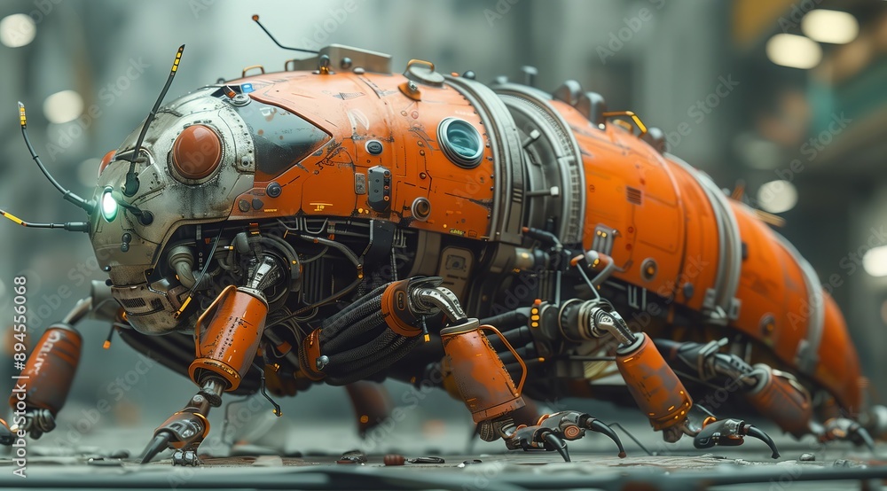 A close-up of a futuristic, orange and grey, bug-like robot standing on a concrete surface. The robot has a detailed, intricate design, with visible wires, gears, and other mechanical parts. It has A close-up of a futuristic, orange and grey, bug-like robot standing on a concrete surface. The robot has a detailed, intricate design, with visible wires, gears, and other mechanical parts. It has