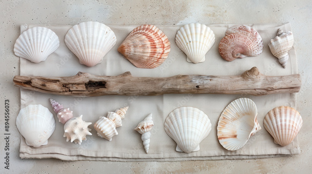 Different seashells and a piece of driftwood are displayed together on a cloth laid out as a backdrop, highlighted by their smooth textures and subtle hues, creating a pleasing compositional decor. Different seashells and a piece of driftwood are displayed together on a cloth laid out as a backdrop, highlighted by their smooth textures and subtle hues, creating a pleasing compositional decor.