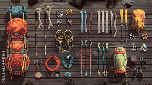 rock climbing and travel equipment on dark wooden background. 
