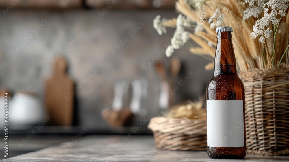 A brown beer bottle with a blank label stands on a modern kitchen counter. The background includes various kitchen elements, enhancing the homely yet refined feel. A brown beer bottle with a blank label stands on a modern kitchen counter. The background includes various kitchen elements, enhancing the homely yet refined feel.