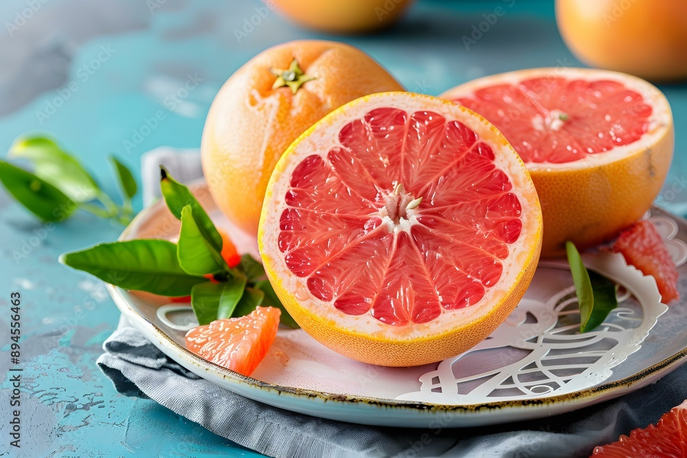 Fresh Red Grapefruit on Plate With Green Leaves Fresh Red Grapefruit on Plate With Green Leaves