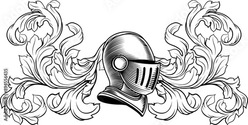 Coat of arms crest knight family medieval shield heraldry heraldic armorial motif. Featuring a knights helm helmet in a vintage etching engraving woodcut style