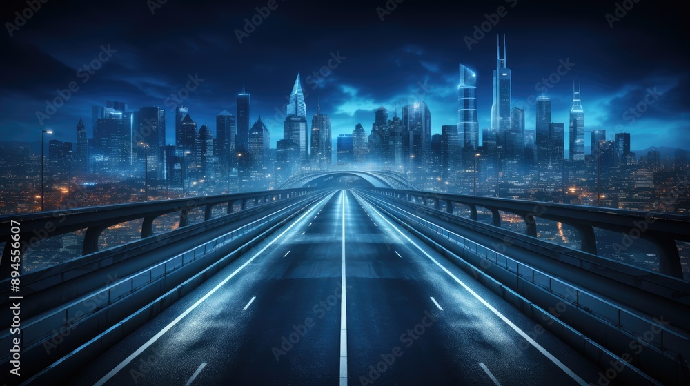 Fototapeta premium A dark empty street, dark blue background, an empty dark scene, neon light, spotlights The asphalt floor and studio room with smoke float up the interior texture. night view