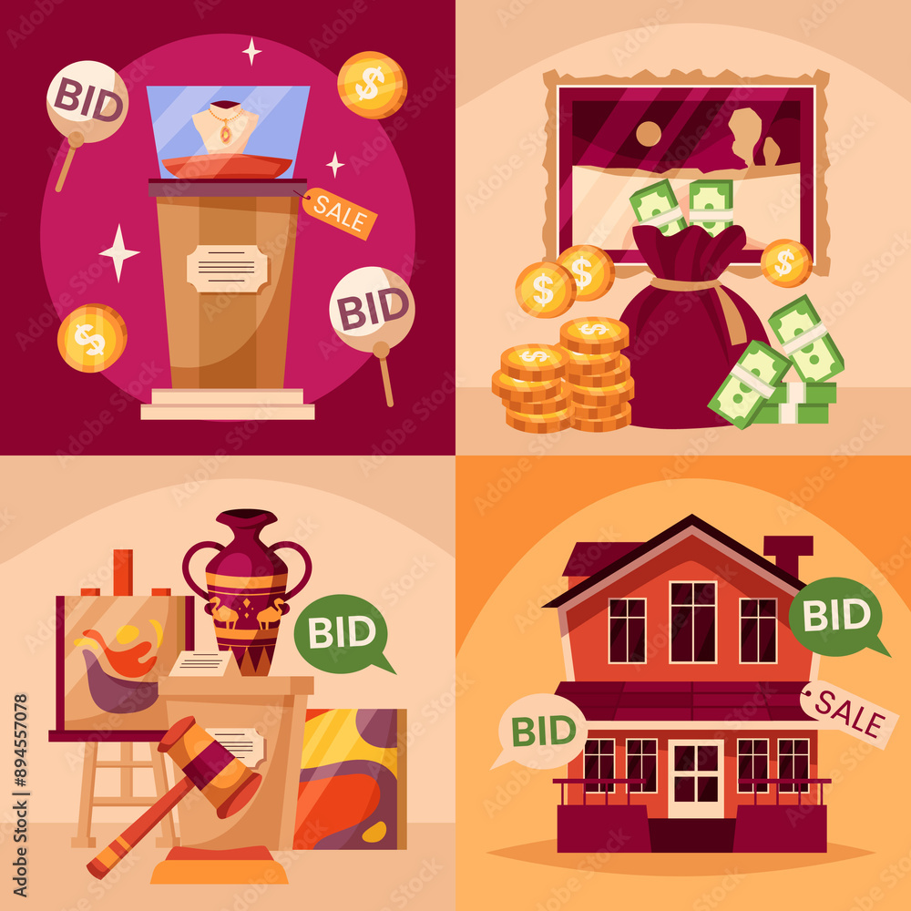 Auction house illustrations in flat design Auction house illustrations in flat design