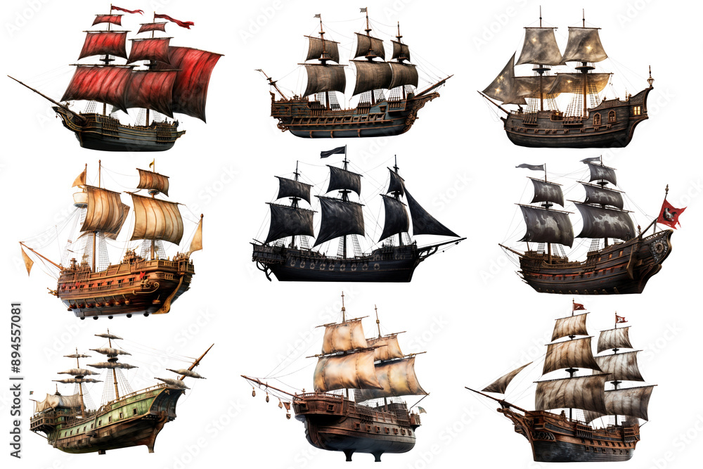 Naklejka premium PNG pirate ship element set, transparent background