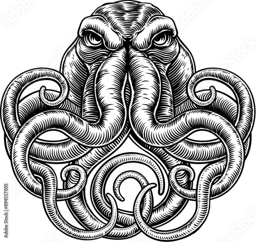 An octopus or cthulhu tattoo style woodcut kraken mascot squid concept
