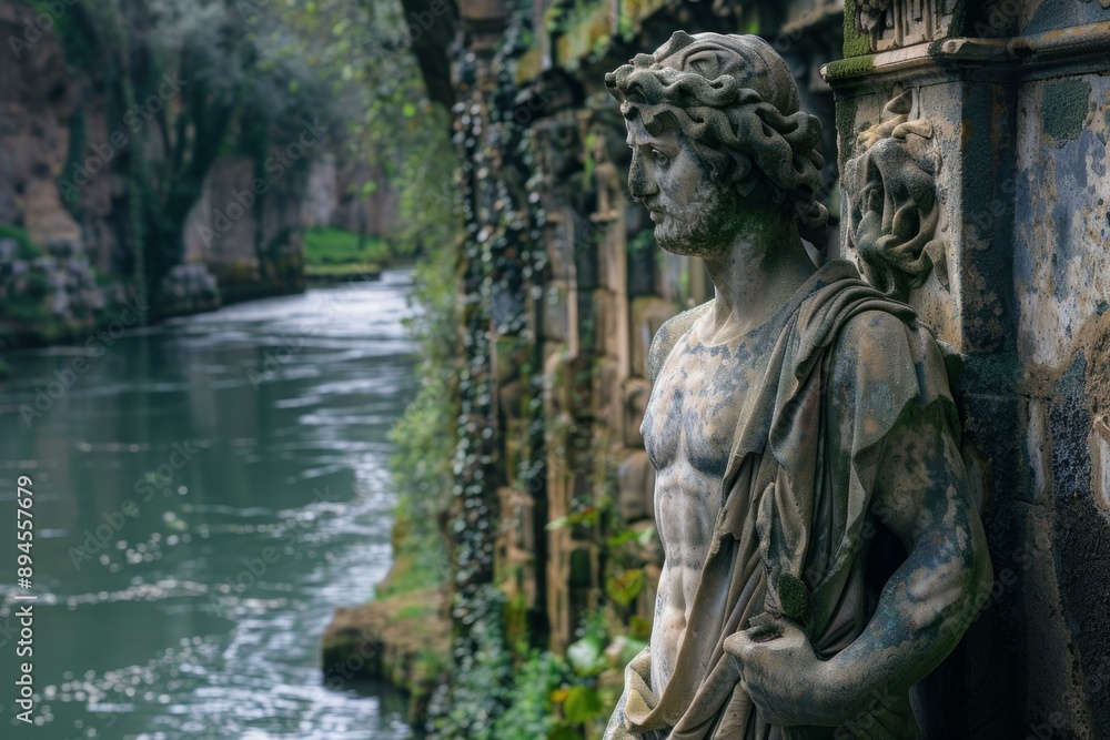 Weathered stone sculpture stands guard by a peaceful river, embraced by greenery Weathered stone sculpture stands guard by a peaceful river, embraced by greenery