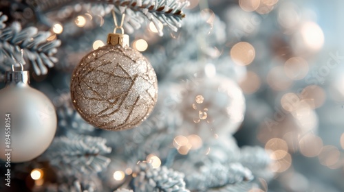 A sparkling ornament is captured in close-up, hanging from a snow-covered Christmas tree, with soft bokeh lights in the background, creating a festive and serene winter scene. photo